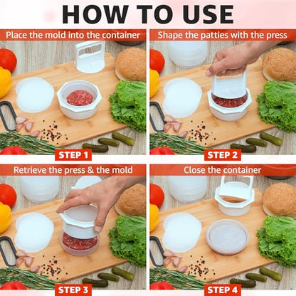 Hamburger Press Patty Maker - 4 in 1, Burger Mold, Patty Press, 10 Storage Containers, 100 Round Papers - Hamburger Patty Maker Tool for BBQ - Burger Shaper for Meat, Veggie Patties