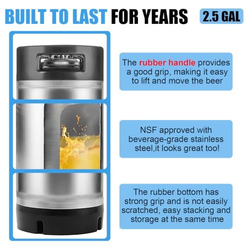 2PCS 2.5 Gallon Corny Keg Ideal for Brewing Party Home Ball Lock Keg | 304 Stainless Steel, Dual Rubber Handles Rubber Bottom, Portable Ball Lock Beer Dispenser Lid Fittings,NSF Certification