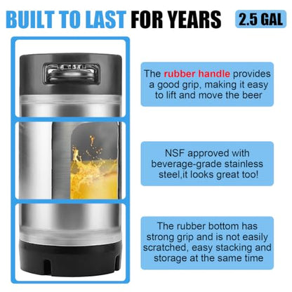 2PCS 2.5 Gallon Corny Keg Ideal for Brewing Party Home Ball Lock Keg | 304 Stainless Steel, Dual Rubber Handles Rubber Bottom, Portable Ball Lock Beer Dispenser Lid Fittings,NSF Certification