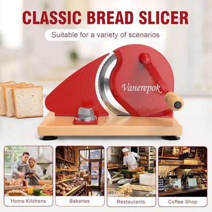vanerepok Manual Bread Slicer Adjustable Thickness for Homemade Sourdough | Hand Crank Bread Cutter with Scale & Stable Suction Cups & Wood Base for Even Slicing Perfect Baking Gift for Home Bakers - color: Red