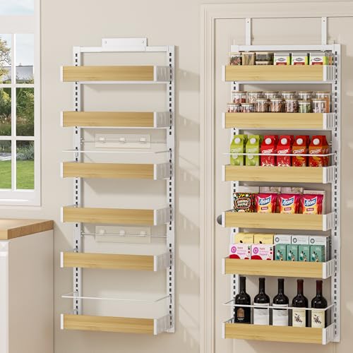 POKIPO 6 Tier Over The Door Pantry Organizer, 2-in-1 Door Hanging or Wall Mounted Spice Rack, Large Heavy Duty Pantry Door Storage Seasoning Shelves with Adjustable Basket for Kitchen Bathroom Closet - color: White, size: 6 Tiers