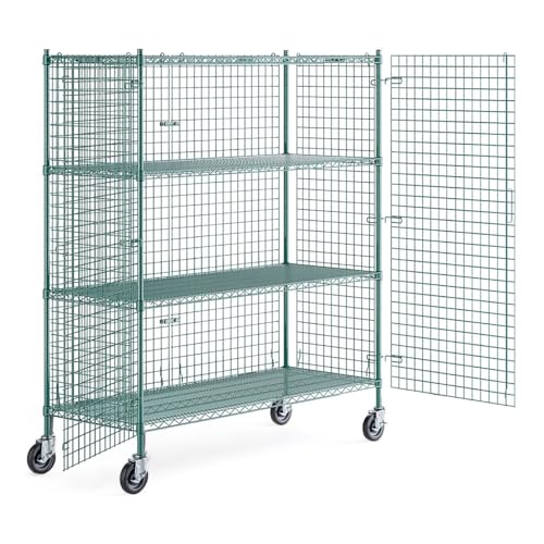 24" x 60" x 70" NSF Heavy Duty Mobile Green Epoxy Wire Shelves with Security Cage Kit, 4 Tier Metal Commercial Storage Rack with Wheels - color: Green, size: 24" x 60" x 70" with Wheels