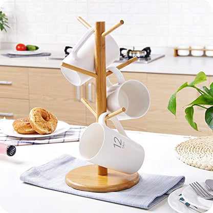 Mug Holder Tree, Coffee Cup Holder, Bamboo Mug Tree for Counter, Coffee Mug Rack Dryer with 6 Hooks