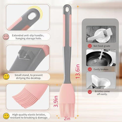 Extra Long Pastry Brush - Silicone Spatula - Basting Brush+Spatula Silicone Heat Resistant,for Baking Scraping Mixing BBQ Grill Kitchen Cooking Spread Oil Butter Sauce (Pink Brush+Spatula) - color: Pink Brush+Spatula