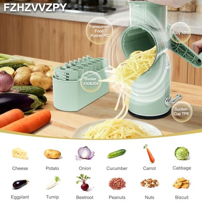 5 in 1 Cheese Grater with Rotary Hand Crank - Vegetable Chopper with Replaceable Stainless Blades, Strong Suction Base, Handle, Blade Storage Box, Easy-Clean Multipurpose Kitchen Slicer (Green) - color: Green