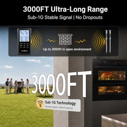 ThermoMaven Sub-1G Wireless Meat Thermometer, No App Needed, 2 Probes | 3000FT Long Range, Digital Smart Base, 6 Sensor NIST Accuracy, IPX8, BBQ Smoker Grill Oven Brisket Steak Turkey Pork Roast - color: Black