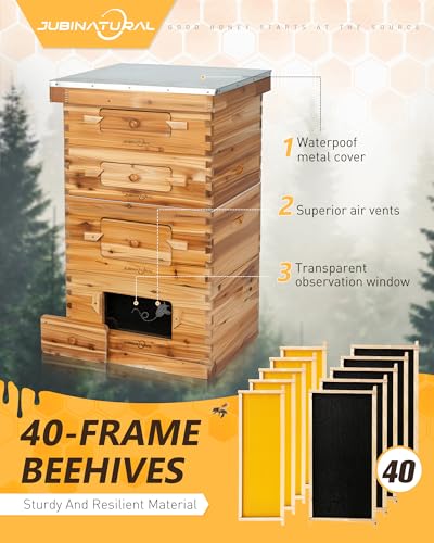 Bee Hive Starter Kit 10 Frame Langstroth Beehive 2 Deep 2 Medium Boxes | 10-Frame Langstroth Hive with 2 Deep Brood Boxes, 2 Medium Honey Supers, 40 Pine Frames and an Observation Window - size: 2Deep+2Madium Bee Box