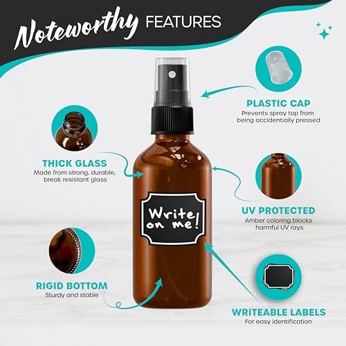 Nevlers 4 Oz Amber Glass Spray Bottles for Cleaning & Refreshment 48 Pack | Amber Glass Bottles | Mist Bottle Sprayer w/ Shrink Wrap, Funnel, Brush, Marker & Labels | Small Spray Bottle for Hair & Face