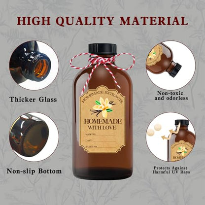 8Pcs 4 oz Amber Glass Bottle Brown Round Bottles with Caps, for Vanilla Extract Homemade, with Stickers and Funnel, for Syrup Gift Glass Food Storage Canister Set, Sauce Beans, Essential Oil - color: 8 Pcs 4 Ounce