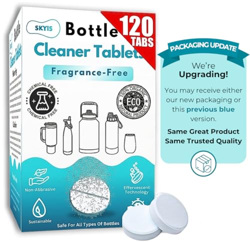 Skyis Water Bottle Cleaning Tablets 120 Pack, Up to 2 Years Supply, No Scrub Bottle Cleaner for Stainless Steel, Tumbler, Hydration Bladder, Coffee Mug, Removes Odor & Stains