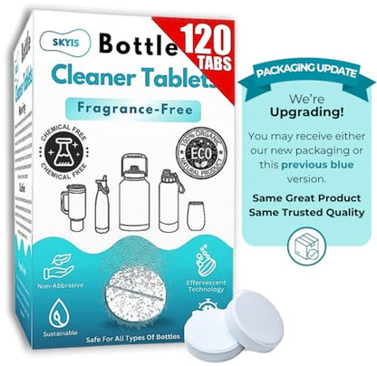 Skyis Water Bottle Cleaning Tablets 120 Pack, Up to 2 Years Supply, No Scrub Bottle Cleaner for Stainless Steel, Tumbler, Hydration Bladder, Coffee Mug, Removes Odor & Stains