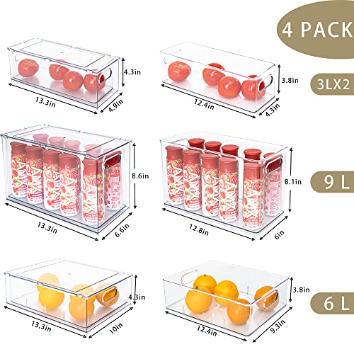 MANO Fridge Drawer Pull Out Stackable Bins with Handle Clear Refrigerator Drawers Organizer Food Storage Container Box with Dividers Plastic Produce Saver for Pantry, Cabinet, Kitchen, Clothes（4Pack） - style: 2*3L+1*6L+1*9L