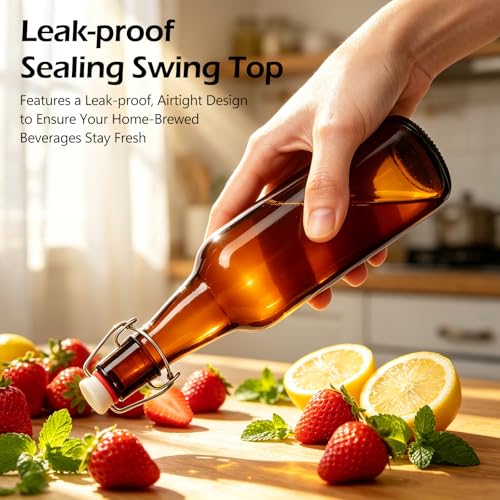 KEYWING 16oz Amber Swing Top Glass Bottles with Stoppers, 10 Pack Airtight Flip Top Bottles for Kombucha, Fermentation, Beer, Vanilla Extract, Soda, Mead, Cider, Kefir & Home Brewing - size: 16oz 10 pack