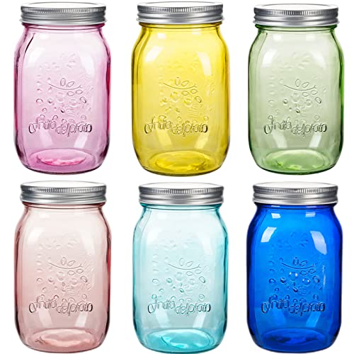 Amzcku 32 OZ Colored Mason Jars with Lids, 6 Pack Wide Mouth Quart Canning Jar, Safe for Storage, Pickling, Preserving, Fermenting, DIY Crafts & Decor - color: colored 32 oz