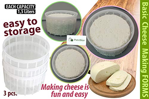 PetriStor 3pcs Soft Cheese Mold for Cheese Making 1.25QT - Medium Cheese Mold - Homemade Cheese Making Supplies - Cream Cheese Form Mold - Molde Para Queso Fresco Casero - Cheese Making Basket