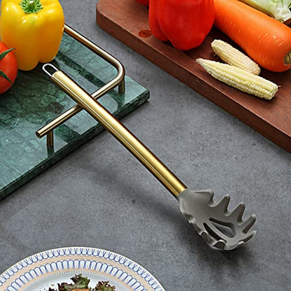 Gold Spaghetti Spoon, Berglander Non-stick Silicone Pasta Server With Titanium Gold Plating Handle, Spaghetti Server For Cooking, Pasta Fork, Noddle Fork, Dishwasher Safe, Easy to Clean - style: k Pasta Server