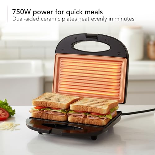 OVENTE Electric Panini Press Grill with Nonstick Plates, LED Indicator Lights, Thermostat Control, Compact Sandwich Maker Perfect for Cooking Breakfast, Steaks, Eggs Snacks & More, Copper GP0110CO - color: GP0110CO