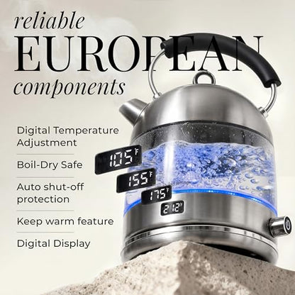 Stainless Steel Electric Kettle with Temperature Control - BPA and Plastic Free Electric Kettle with Keep Warm Function, Borosilicate Glass - Fast 1500W Hot Water Boiler, Auto Shut-Off - color: Silver