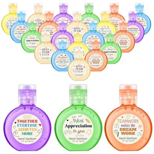 Frienda 24 Pack Team Appreciation Hand Sanitizer Gift Hand Sanitizer Gel 1 Fl oz Contains 62% Ethyl Alcohol Mini Travel Size for Employee Coworker Team Nurse Week Teacher Appreciation Gift Office - color: Colorful, style: Thanks Team