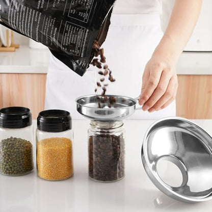 Stainless Steel Canning Funnel Set, Wide Mouth Kitchen Funnels with Strainer & Mesh, 5 Pack Canning Supplies for Mason Jars, Bottles, Jam, Liquids and Dry Goods