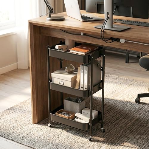 JAQ No Assembly Required Under Desk Rolling Cart, 3-Tier Foldable Metal Utility Cart, 26.8" Low Profile Storage Cart with Wheels, 10" Narrow Small Space Organizer, Black - color: Black