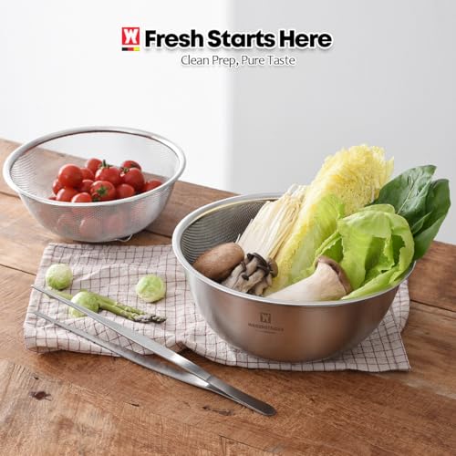 WAGENSTEIGER Stainless Steel Mixing Bowl and 3-Legged Colander Set, Multipurpose Kitchen Basket with Fine Mesh Colander, Salad Mixing Bowl with Strainer, Rinsing Vegetables & Fruits (22cm / 8.66") - size: 8.66 inches