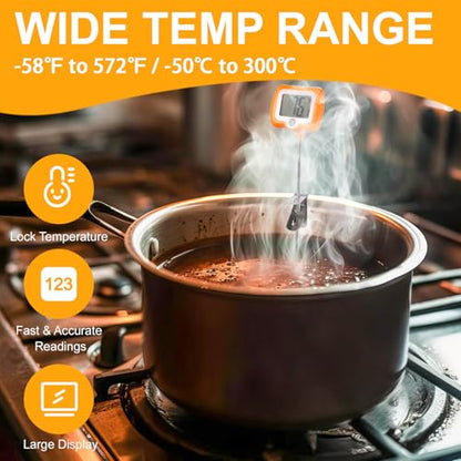 2 Pcs Digital Candy Thermometer with Pot Clip, Waterproof Instant Read Thermometer for Cooking Baking Frying, Deep Fryer Thermometer for Oil Sugar Turkey Candle Making, Long Probe Rotatable Display