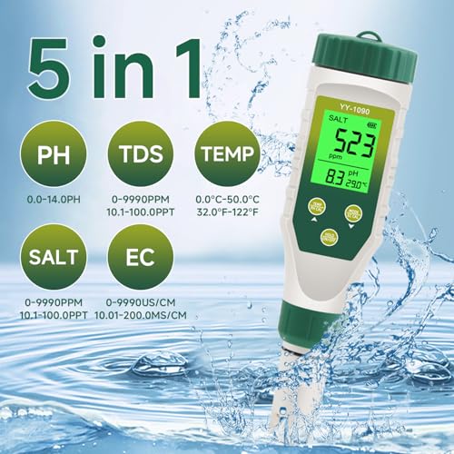 PH Meter & TDS Meter 5 in 1 Water Tester pH/TDS/EC/Salt/Temp Meter,PH Meter for Water with LCD Backlit,pH Tester Digital for Drinking Water. - size: 5-1