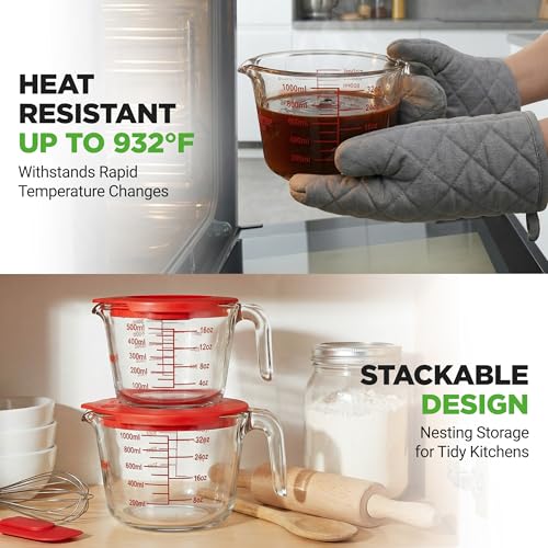 NutriChef 2 and 4 Cups Glass Measuring Cup Set with Lids (17 & 34 oz) - Heat-Resistant Borosilicate Liquid Measure Cups with Easy-Read Scale for Cooking, Baking and Food Storage, Dishwasher Safe - size: 2 pc set with lids