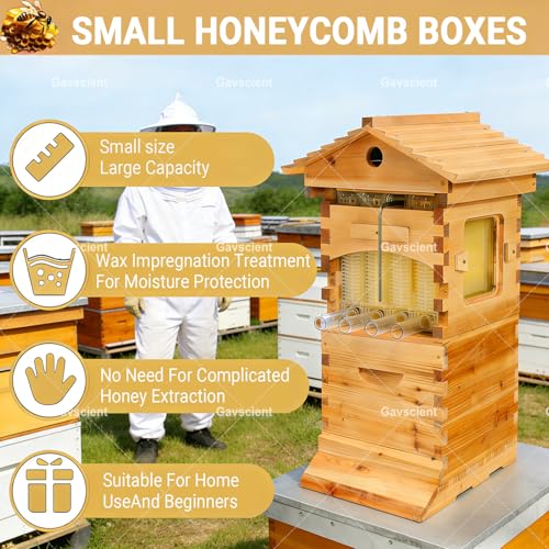 Self Flowing Bee Hive Box, Premium Cedar Wood Beehive Starter Kit Equipped with 7 Auto Super Frames and Bamboo Queen Excluder, Practical Beekeeping Supplies for Beginners and Hobbyists