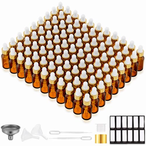 PrettyCare Glass Eye Dropper Bottles 99 Pack, 0.5oz (15ml) Small Amber Empty Thick Bottles with Leakproof Golden Caps - With Labels & Funnels for Storage, Travel, Essential Oils, Tinctures - color: 0.5oz Amber, style: 99 Pack