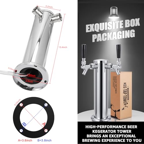 Kegerator Tower Dual Tap Beer Tower Dispenser, Draft Beer Tap Tower Kegerator Parts, Upgraded 3" Flange Keg Tower with Pre-Assembled Tubing & Self-Closing Brass Beer Faucet Stainless Core - size: Dual Tap Beer Tower(Brass Faucet)