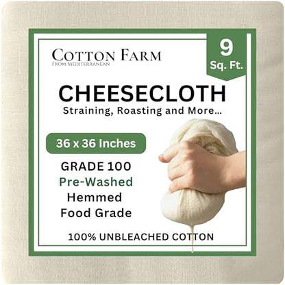 Cotton Farm Grade 100 XL Cheese Cloth for Straining & Cooking; 36x36 Inch; 100% Unbleached Cotton Cheesecloth; Reusable with Finished Edges, Butter Muslin - size: 36 x 36 inch / 1 piece