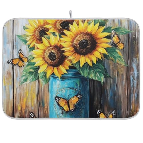 Monarch Sunflowers Jar Dish Drying Mat for Kitchen Counter Super Absorbent Draining Mat with Non-slip Backed Coffee Mat for Dish Bottles Cups Bowl Countertops Sinks Draining Racks
