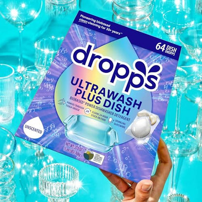 Dropps UltraWash Plus Dishwasher Detergent Pods, Unscented (64 Ct) Free & Clear | Triple Action | Built In Rinse Aid | Cuts Grease & Stuck-On Food | Sparkling Dishes | Residue-Free | Clean Ingredients