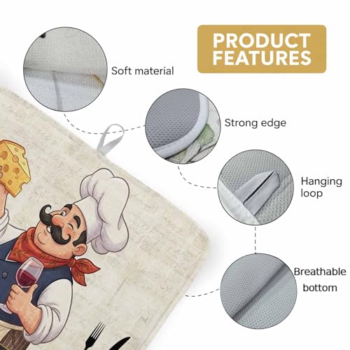 Dish Drying Mat for Kitchen Counter, Smiling Chef Cheese Wine Absorbent Dish Mats Foldable Microfiber Drainer Pad 1PCS 18"x24", Retro Kitchen Art Plate Holder Mat for Countertop Sink Decor - size: 1PCS-18x24in