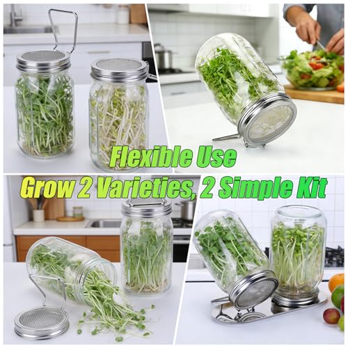 2 Pcs Sprouting Lids for Wide Mouth Mason Jars, Stainless Steel Reusable One-Piece Sprouting Jar Lids Kit with Built-In Stand, Seed Germination Sprouts Growing Kit for Organic Alfalfa & Mung Bean - size: 86mm (2 pcs)