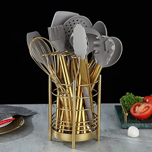 Gold Kitchen Utensils Set, Berglander 38 Pieces Non-stick Silicone Cooking Tools Spoon Spatula Set With Sturdy Stainless Steel Utensil Holder, Dishwasher Safe - style: a. 38 Pieces