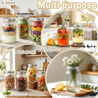 SUT Clear Wide Mouth Mason Jars 32 oz,9 Pack Quart Mason Jars With Airtight lids and Bands,Canning Jars 32 oz for Preserving,Meal Prep,Overnight Oats,Fermenting - color: Stripe