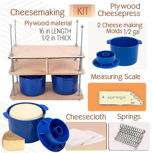 Wooden Cheese Press For Cheese Making Supplies 16 In Plywood 1/2 in Thick - Cheese Making Kit With Wooden Cheese Press and 2 Cheese Molds 1/2 Gal, Cheesecloth, Springs and Measuring Scale Included