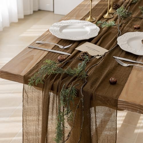 Keketoarrange 6pcs Coffee Gauze Rustic Cheesecloth Table Runner 120 Inch 10 FT for Wedding Baby Shower Bridal Shower Birthday Engagement Garden Outdoor Party Long Sheer Boho Decorations - color: Coffee, size: 35"x120"(Pack of 6)