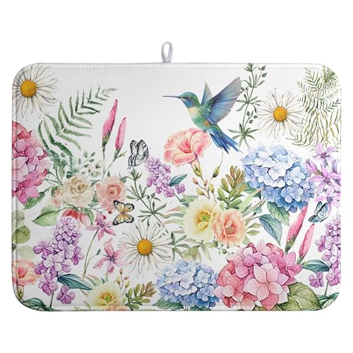 Spring Floral Birds Dish Drying Mat Summer Butterfly Flowers Kitchen Dish Drying Pad Daisy Absorbent Dish Dryer Mat for Kitchen Countertops Microfiber Dishes Drainer Pad (18x24 in)