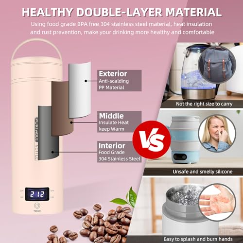 Travel Electric Kettle Portable Small Mini Tea Coffee Kettle Water Boiler, Water Heater with 4 Temperature Control,304 Stainless Steel with Auto Shut-Off & Boil Dry Protection, BPA-Free (Pink) - color: Pink