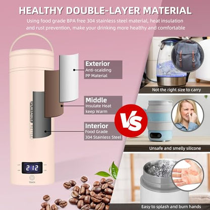 Travel Electric Kettle Portable Small Mini Tea Coffee Kettle Water Boiler, Water Heater with 4 Temperature Control,304 Stainless Steel with Auto Shut-Off & Boil Dry Protection, BPA-Free (Pink) - color: Pink