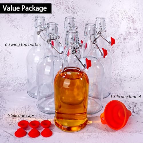 6 Pack 16oz Swing Top Glass Bottles, 500ML Glass Brewing Bottles with Airtight Stoppers for Beer, Kombucha, Kefir, Vanilla Extract(Bonus Gaskets and Funnel) - size: 16oz