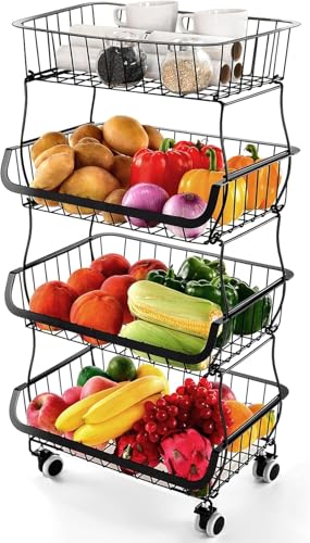 Fruit Vegetable Storage Basket, 4 Tier Stackable Metal Wire Storage Baskets with Wheels, Fruit Vegetable Produce Basket Organizer Bins for Kitchen, Pantry, Bathroom - color: 4 Tier-black