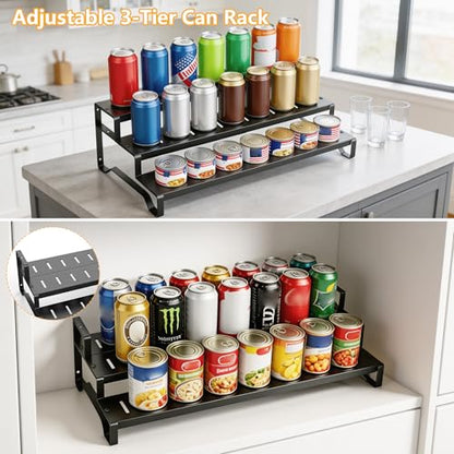 Attelite 3 Tier Expandable Can Rack Organizer for Pantry, Adjustable 13"-21" Metal Soda Can Organizer, Pantry Organization Canned Food Storage Holder for Kitchen Cabinet Countertop, Black 2Pack - size: 3tier*2pack