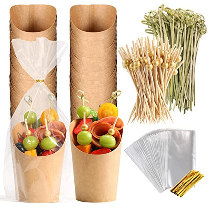 Disposable Charcuterie Cups 60 PCS with 200PCS Sticks and 60PCS Bags | 14 oz Kraft Paper Snack Boxes Appetizers Cup French Fry Holder with Cocktail Skewers Toothpicks Tooth Picks, Brown - color: Brown, size: 14 Oz 60 Pcs Set