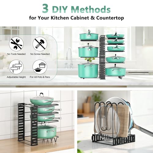 ORDORA Pots and Pans Organizer under Cabinet, 8 Tier Pot Organizers Rack Expandable 11.65" to 19.02" Height with 3 DIY Methods, Adjustable Pan Organizer inside Cabinet Kitchen Storage Organization - style: L-19.02"H-LightDuty