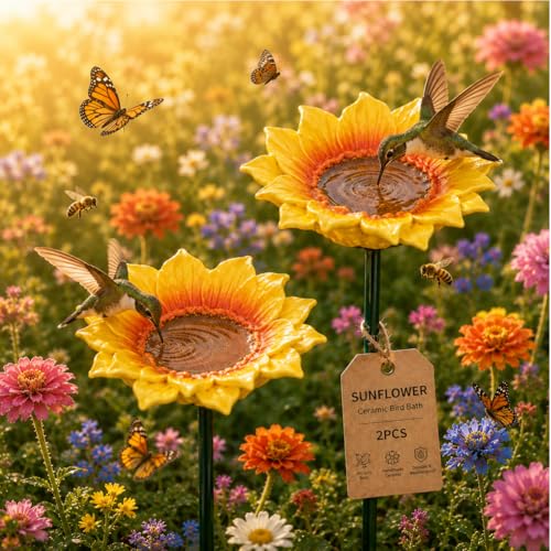 Bee Watering Station for Garden Cups Bird Butterfly Bees Ceramic Drinking and Water Bath Feeder Cup Blossoms Flowers Shaped Design Poppies Bowl Wildlife Feeding 5PCS Watring Pollinator (2PCS-A) - color: 2PCS-A
